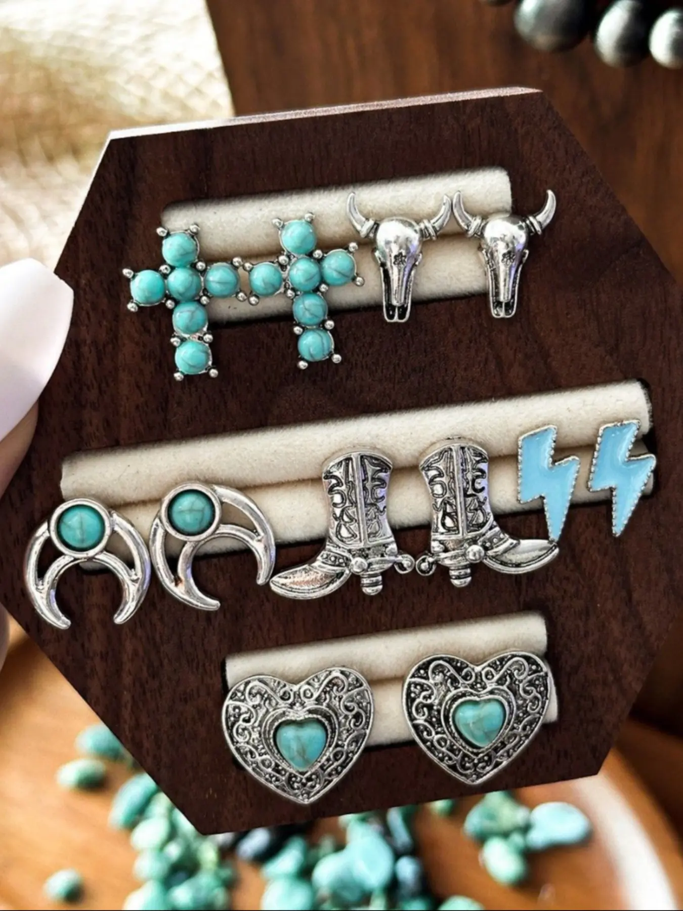 Bohemian Turquoise Stud Earrings Set, Ethnic Design Cow Boot Style, 6 Pairs Women's Jewelry, Denim Style Accessory, All Seasons, Cowboy Style