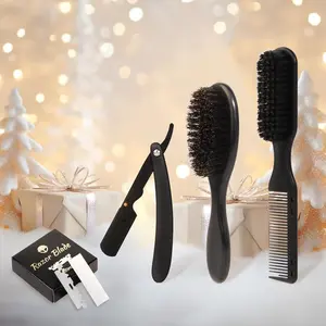 Razor Blade Set, 4 Counts/set Professional Razor Holder & Comb & Brush & Blades Set, Portable Shaving Tool Set for Home & Salon Use Shaving Razors