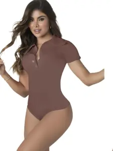 Bodysuits 4990 Medium Compression Tummy Control Comfortable Thong Top for Women with Nylon Basic Design Womenswear Shortsleeve Slim Skinny Shapewear Backless Body Shaper