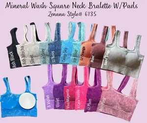 Ribbed Square Neck Mineral Washed Bralette Cropped Top with Removeable Pads by Zenana 6135, Soft & Stretchy Womenswear Comfy Nylon Brami