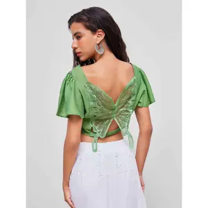 Cider [size 2-10] Chiffon V-neck Solid Butterfly Twist Crop Blouse