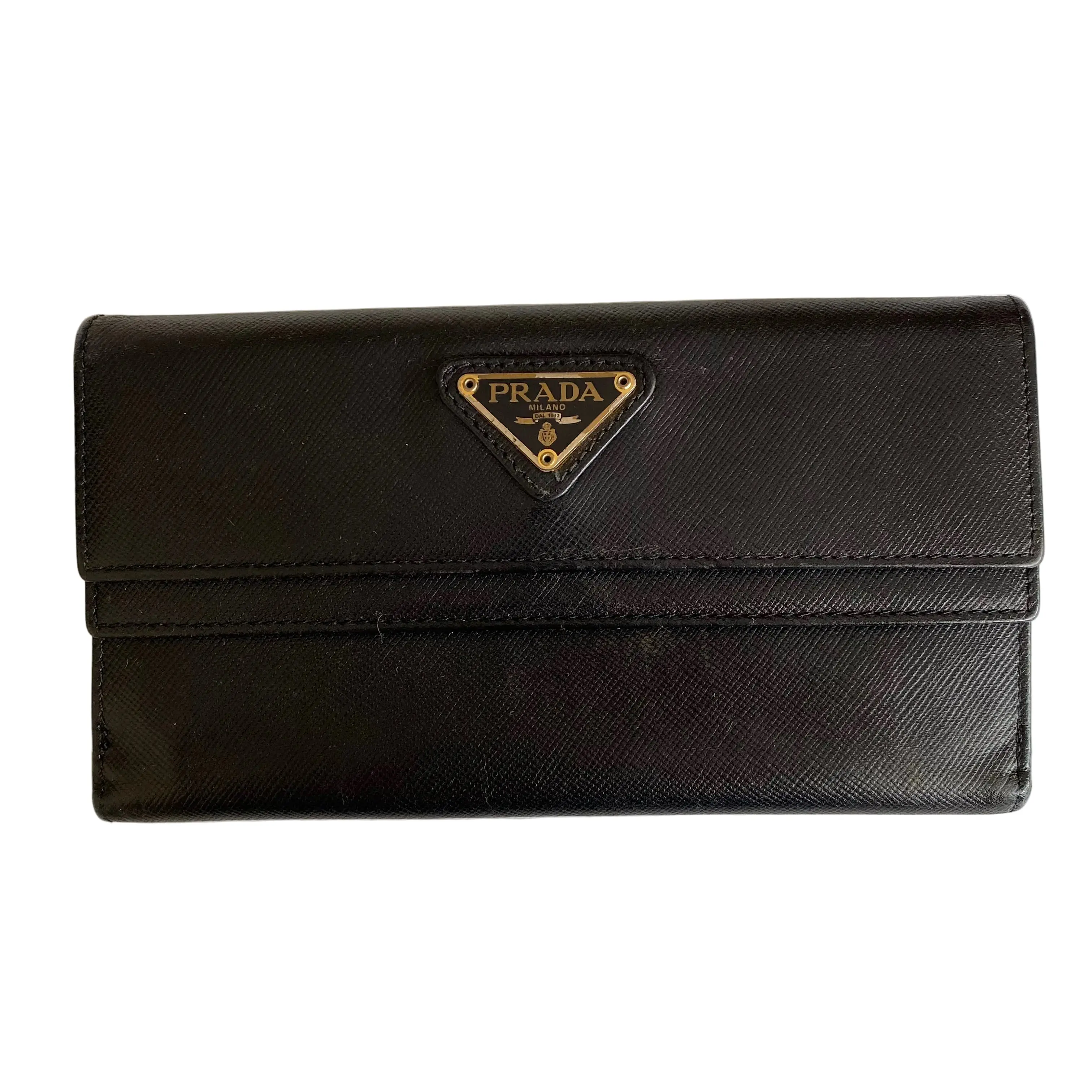 Pre-owned PRADA wallet  Small Leather Goods FINAL SALE NO RETURN NO CANCEL Black saffiano leather long authentic with coa