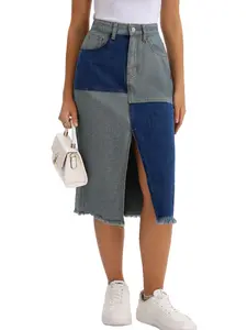 INSPIRE CHIC Women's Denim Skirt Patchwork Color Block Raw Hem High Waisted Midi Jean Skirts with Slit