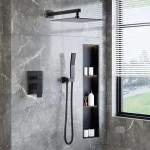 Luxury Rain Shower System for Bathroom, Wall Mounted Mixer Faucet Set with Handheld Spray, 12 Inch or 10 Inch Round or Square Head, Modern Renovation, Matte Black or Brushed Nickel