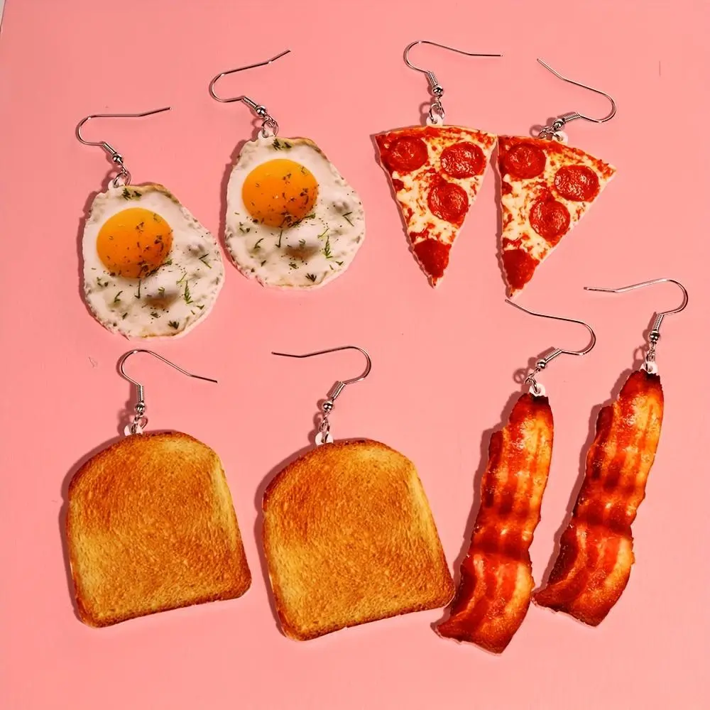 Women's Handmade Acrylic Mini Figure Earrings, Fried Egg-Pizza-Toast Beacon Food Design Dangle Earrings, Hip Hop Cute Style Personality Gift, Handmade Acrylic Earrings