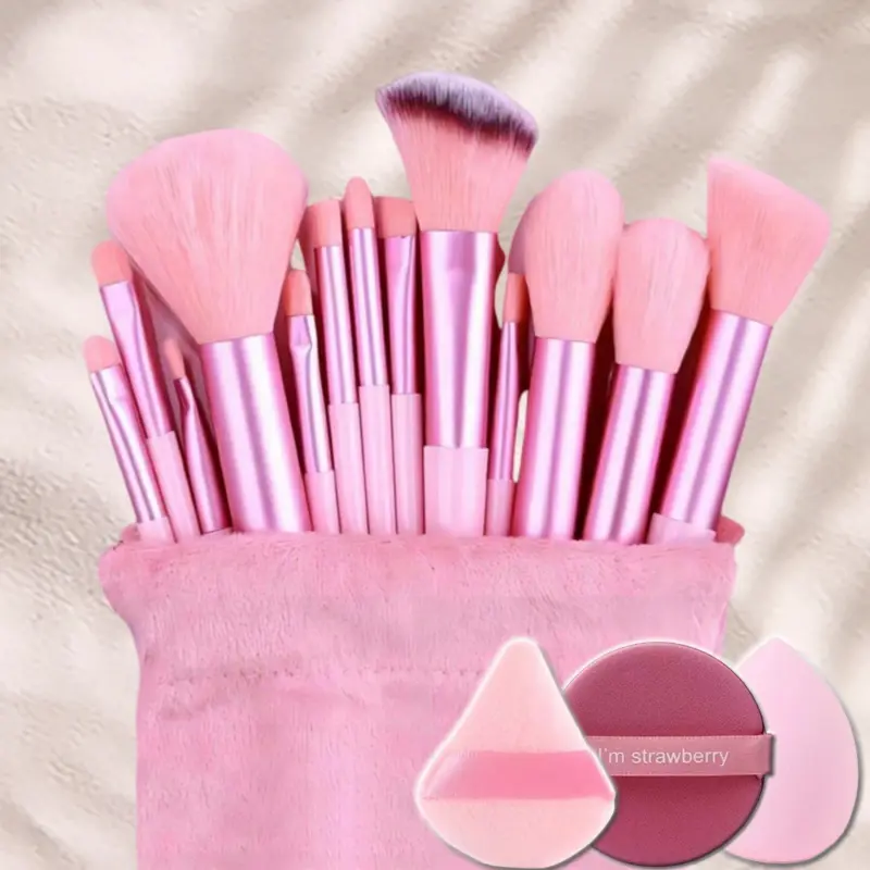 16-piece pink makeup brush set, including a sponge, eyeshadow brush, foundation brush, BB cream brush, and concealer brush. Women's Complete Soft Makeup Tool Set
