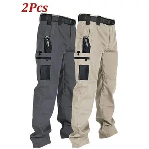 Men’s Tactical Cargo Pants, 2 pcs, multiple pockets — durable polyester, dark gray and beige; perfect for hiking, camping, fishing, and outdoor work; men’s trousers, multicolor