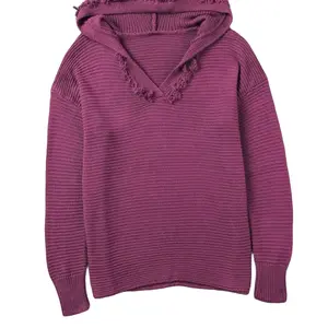 V Neck Ribbed Drop Shoulder Hooded Sweater in Deep Cranberry Purple for Women's Fashionable Knitted Top Casual Knitwear Chic Elegant Style Womenwear Knitting Basic Fitted Long Sleeve Minimalist Raspberry