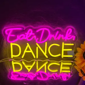 Pink-Yellow "Eat, Drink, Dance" Neon Wall Word Decor LED String Light, Decorative Light Decor for Bedroom, Beer Bar