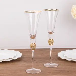 6-Pack Champagne Flute Glasses Clear Gold Rim Design with Studded Rhinestones - Long Stem Crystal Glassware for Wine & Events 6oz 11"