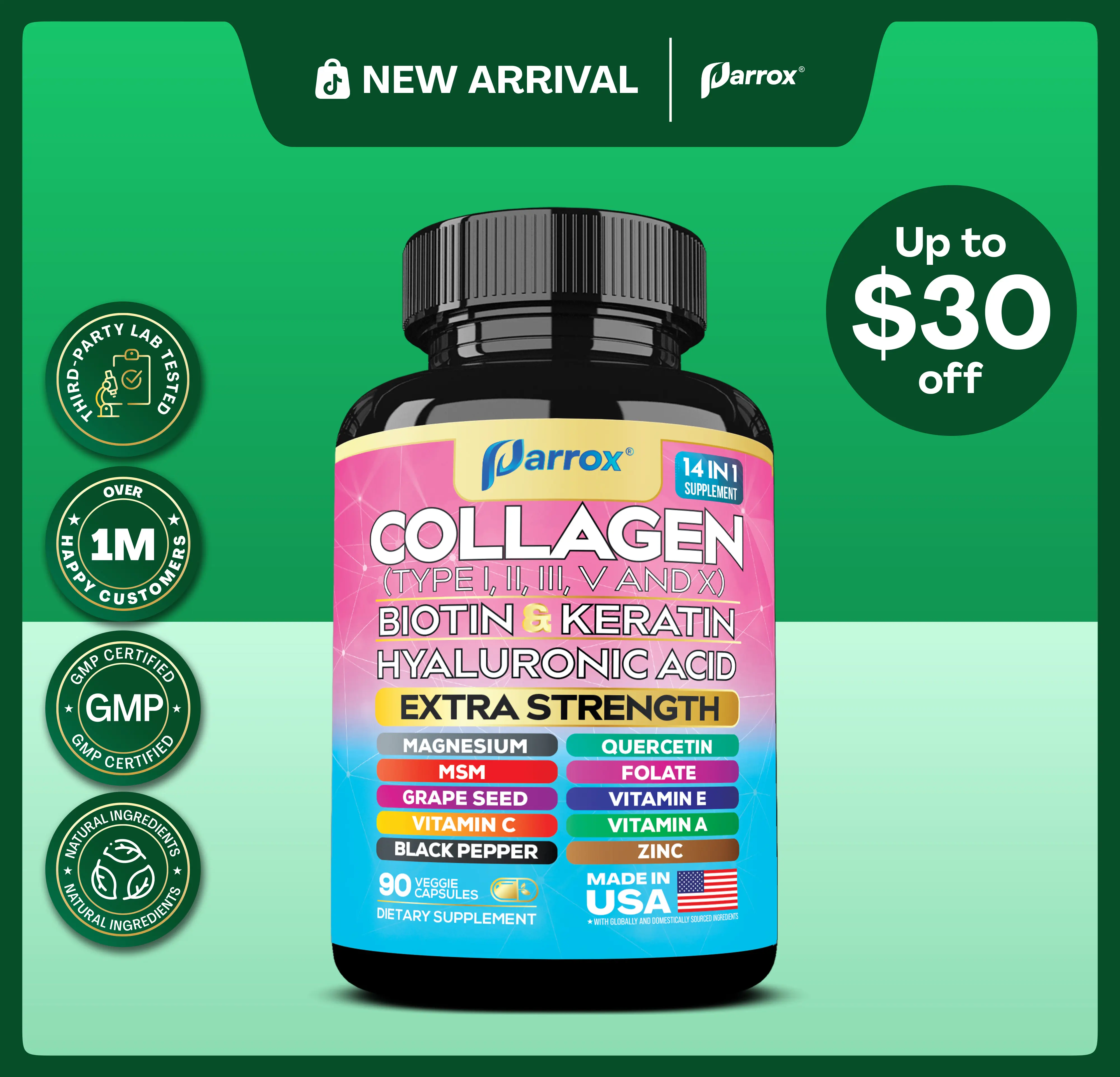 PARROX Collagen Supplement - Type I, II, III, V and X - with Biotin, Keratin, Hyaluronic Acid & 13+ Extra Strength Ingredients - 90 Capsules - MADE IN USA