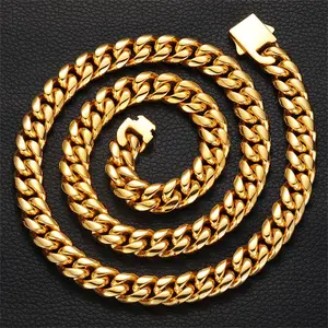 Gold 12mm Miami Cuban Link Chain 18K Gold Plated Stainless Steel Fade Tarnish Proof Bracelet Necklace 7.5-30" Permanent Sun Jewelry
