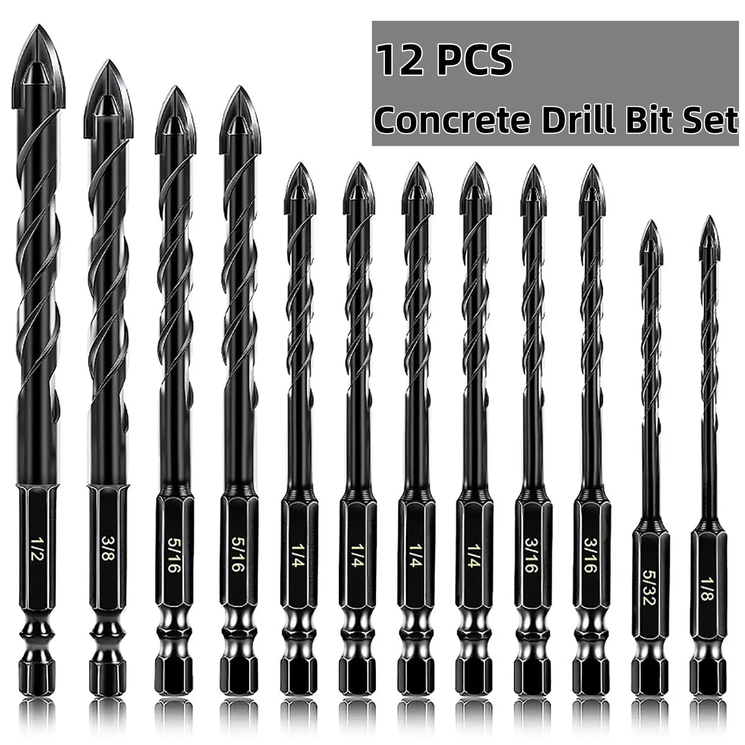 12-PCS Masonry Drill Bit Set with Industrial Carbide Tip Sawtooth Eccentric Design for Tiles Ceramics Glass Marble Concrete Stainless Steel 7 Sizes 1/8" to 1/2" Hexagonal Handle