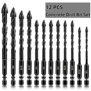12-PCS Masonry Drill Bit Set with Industrial Carbide Tip Sawtooth Eccentric Design for Tiles Ceramics Glass Marble Concrete Stainless Steel 7 Sizes 1/8" to 1/2" Hexagonal Handle