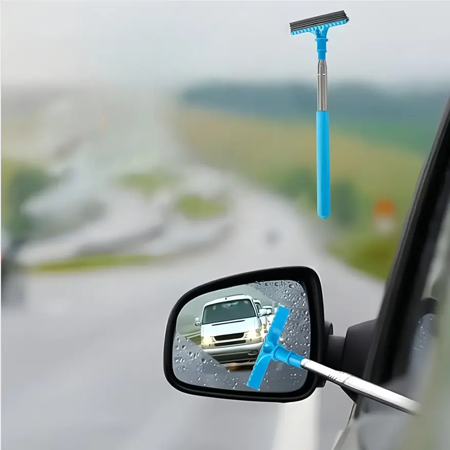 Car rearview mirror wiper, long handle telescopic car side mirror wiper, portable mini window wiper, universal windshield wiper cleaning tool for rainy and foggy weather (blue)