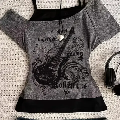 Women's Vintage Gothic Punk Print Short Sleeve Halter Top, Soft Streetwear Shirt, Guitar Design, All Season Everyday Casual Wear, Casual Everyday Tops, Casual Daily Top