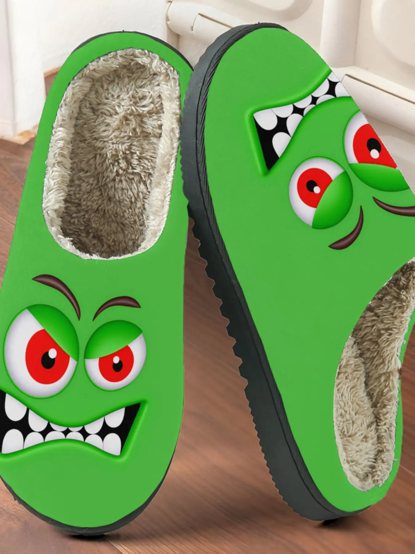 Funny Monster Expression Printed Cotton Slippers, Fun Cartoon Style, Plush Lining Anti-Slip Thick Sole, Home Warm Shoes for Men & Women Fall Winter