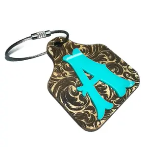 Wooden Laser Engraved Cowtag Initial Keychain with Turquoise Blue Websten Letter A-Z and Tooled Leather Pattern Design 3x2.5 Inches
