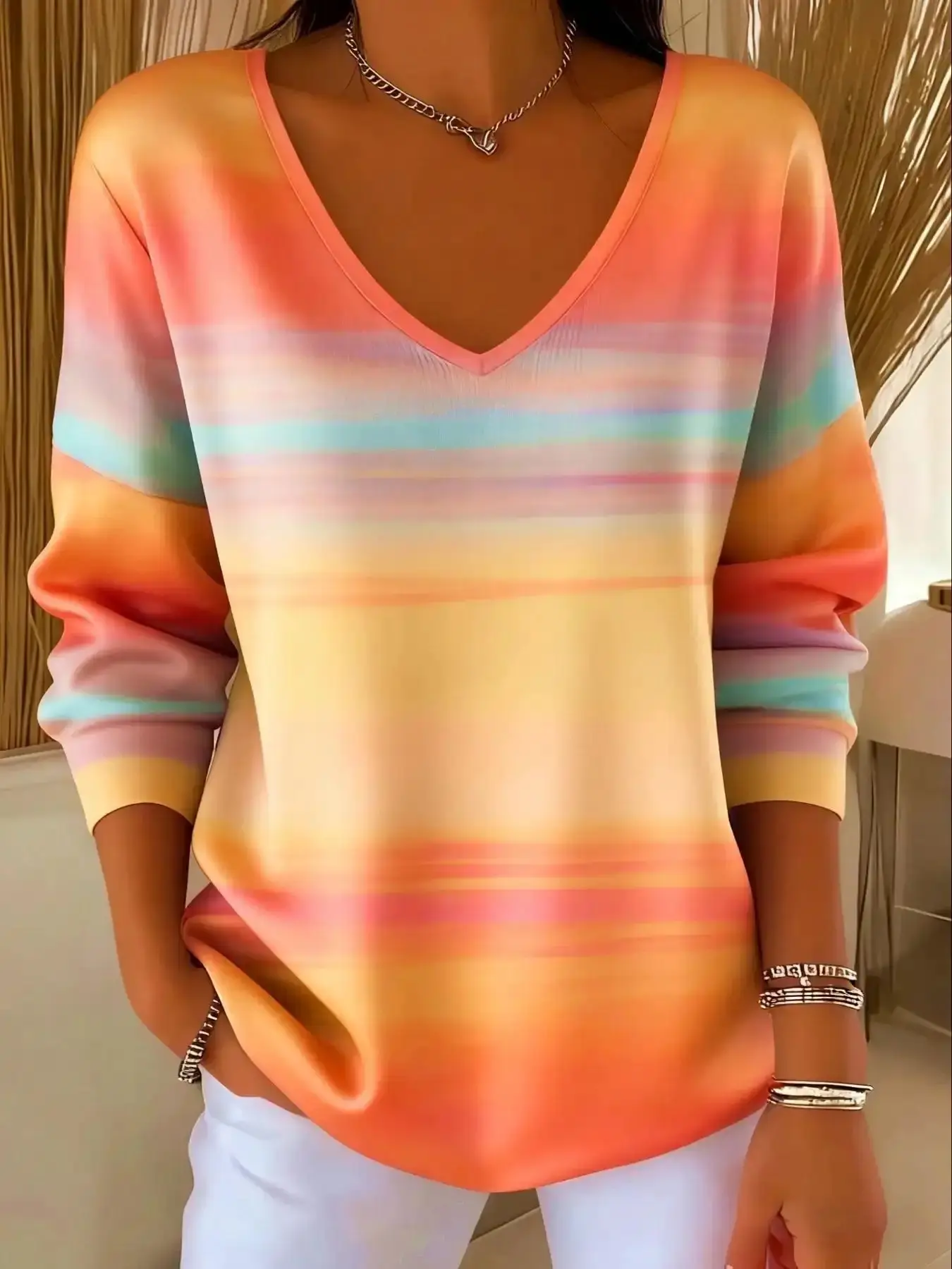 Flattering Women's Gradient Ombre Print Long Sleeve Casual Fitted Sweater Tops, Womenswear Stylish Statement Knitwear for Fall & Winter, Comfortable Fashion Pullover Piece, effortless layering, chic everyday