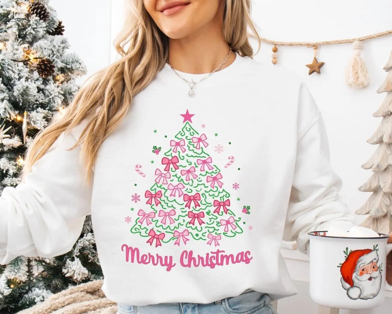 Christmas Pink Bow Sweatshirt, Coquette Pink Christmas Tree Sweater, Cute Girls Holiday Crewneck, Preppy Xmas Season Pullover, Trendy Pink Christmas Aesthetic Apparel, Cute Coquette Bow Graphic Jumper, Holiday Gift for Women & Girls