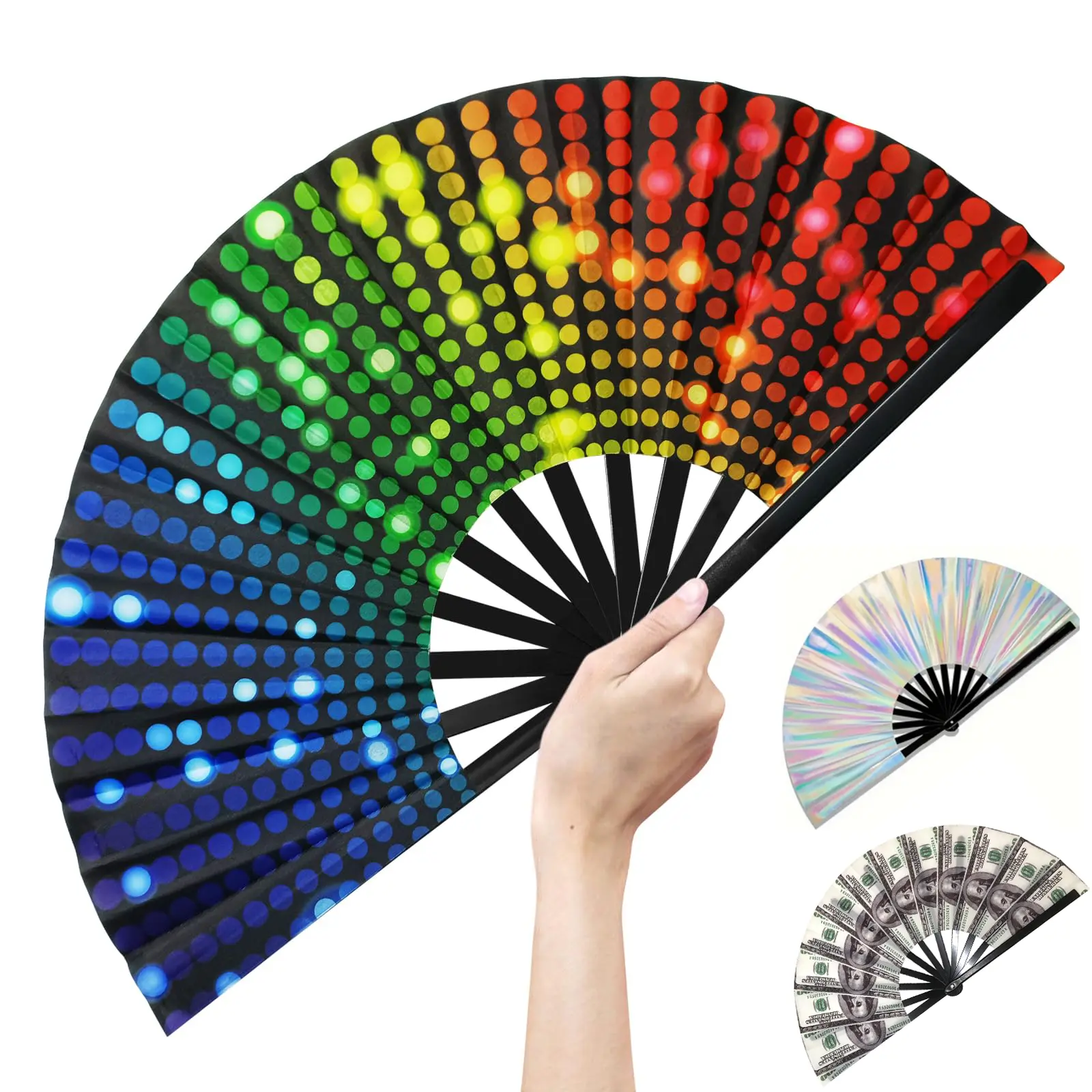 13" Folding Bamboo Hand Fan - Portable, Lightweight, Large, Multicolor Polka Dot, UV Glow Stars, Rave Popping Clacking Design for Night Club Events, Party Decor Supplies