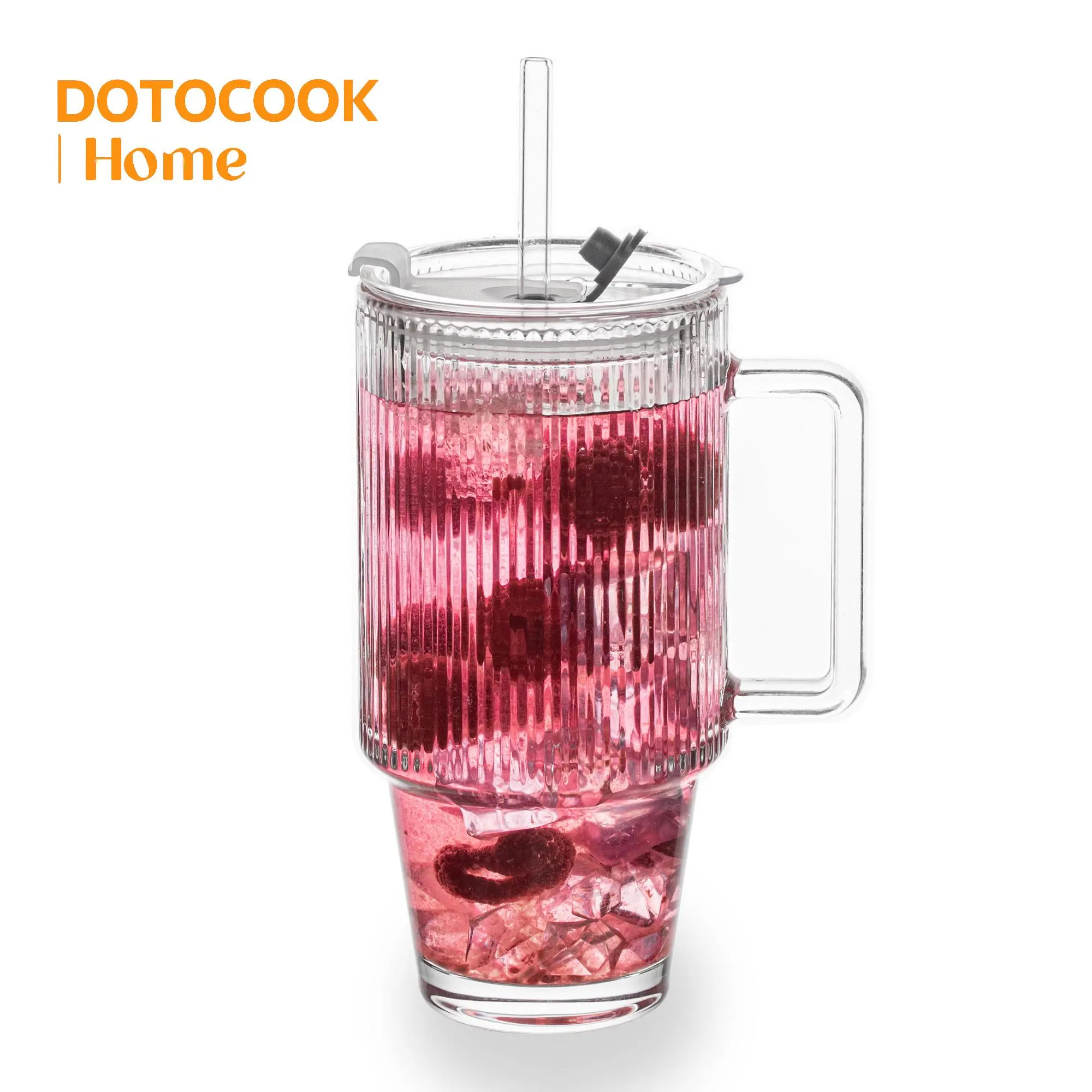 Vertical Striped Glass Tumbler with Handle, 1 Count Transparent Glass with Glass Straw & Lid, Drinking Cup for Cocktail, Juice, Milk Tea, Housewarming Gift
