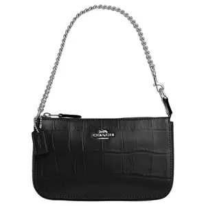 COACH Nolita 19 Small Leather Crossbody Handbag for Women with Silver Logo Chain Zip Closure, Black