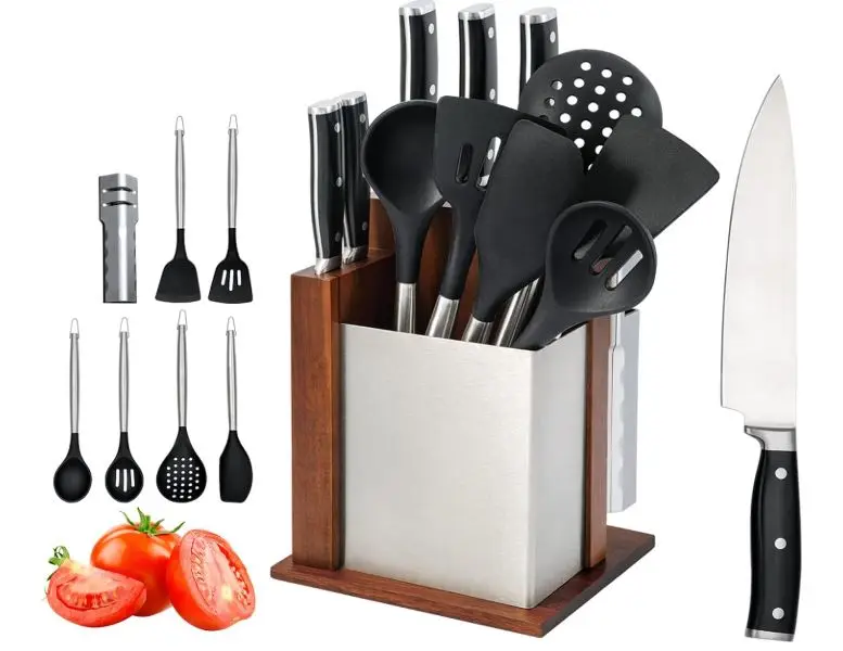 13 PCs Kitchen Utensil Set Stainless Steel Knife Set with Wood Block, Manual Sharpener and Silicone Spatula Set