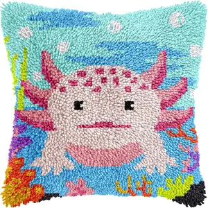 Colorful Axolotl Latch Hook Kits for Adults Beginners Cute Animals Latch Hook Pillow Kit Pre-Printed Latch Hook Rug Kits Cross-Stitch Embroidery Cushion for Home Sofa Decoration 17x17 in.
