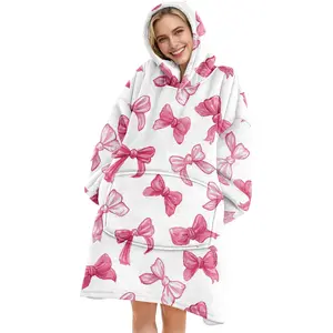 hoodie blanket，Wearable Blanket，Hooded Blanket Wearable Throw, Bow Print Hooded Blanket, Soft Warm Flannel Blanket, Cozy Hooded Blanket, Sofa Cover, Home Leisure, Air Conditioning, Camping Travel Gift，Christmas Gift,Valentine's Day gift