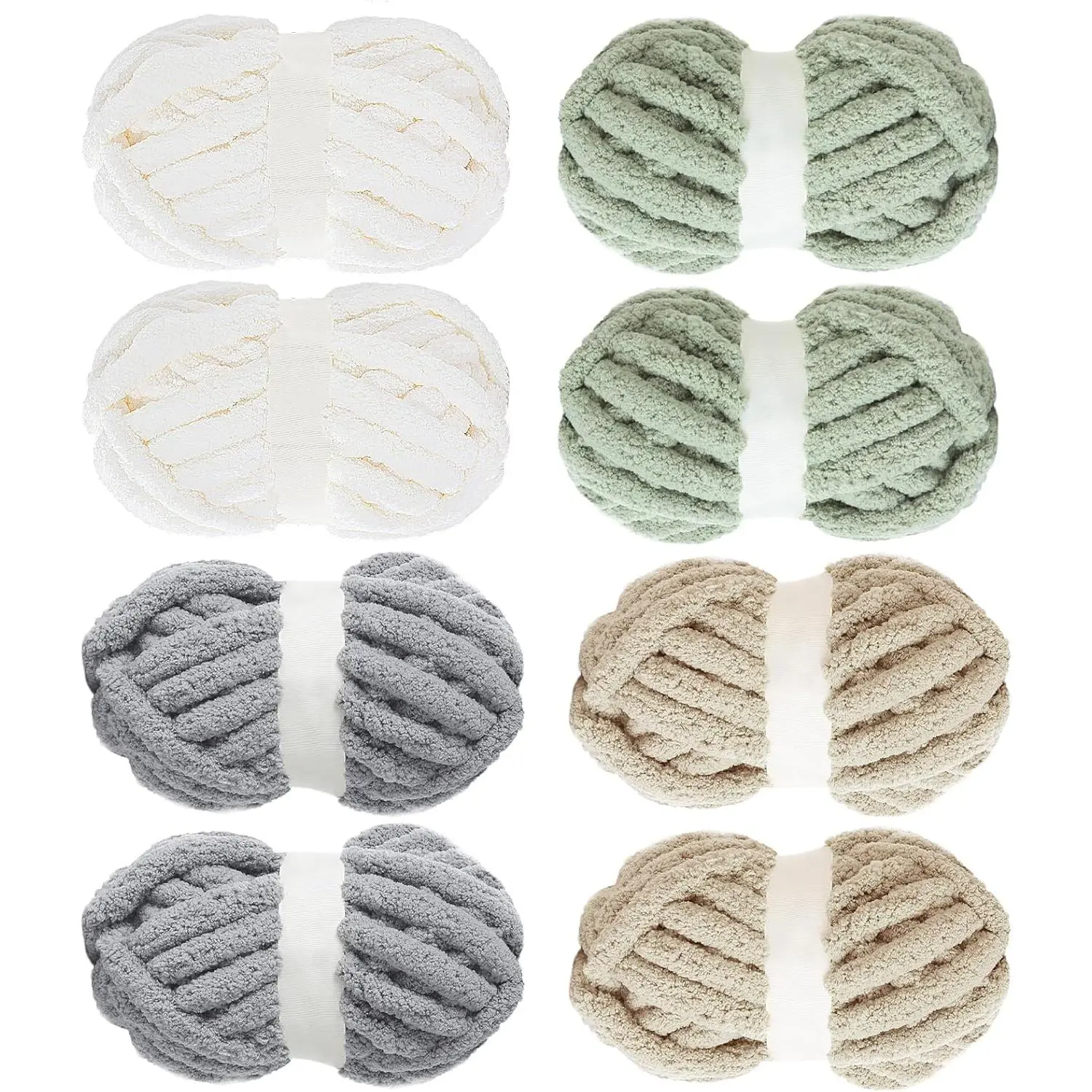 Assorted Chunky Yarn for Crocheting 8 Pack,  Chenille Yarn,Soft Plush Yarn Bulky,Giant Thick Fuzzy Yarn for Hand or Arm Knitting,Cream & Khaki&Sage&Grey(31.7 yds,8 oz Each Skein)