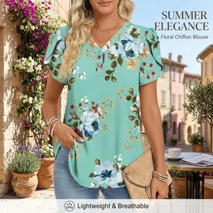 Women's 2026 Summer Short Sleeve V Neck Blouse - Chiffon Button Down Tops Lightweight Breathable Casual Elegant Fashion Style Perfect for Daily Wear Office Shopping Vacation Comfortable Fit Sizes M to 3XL