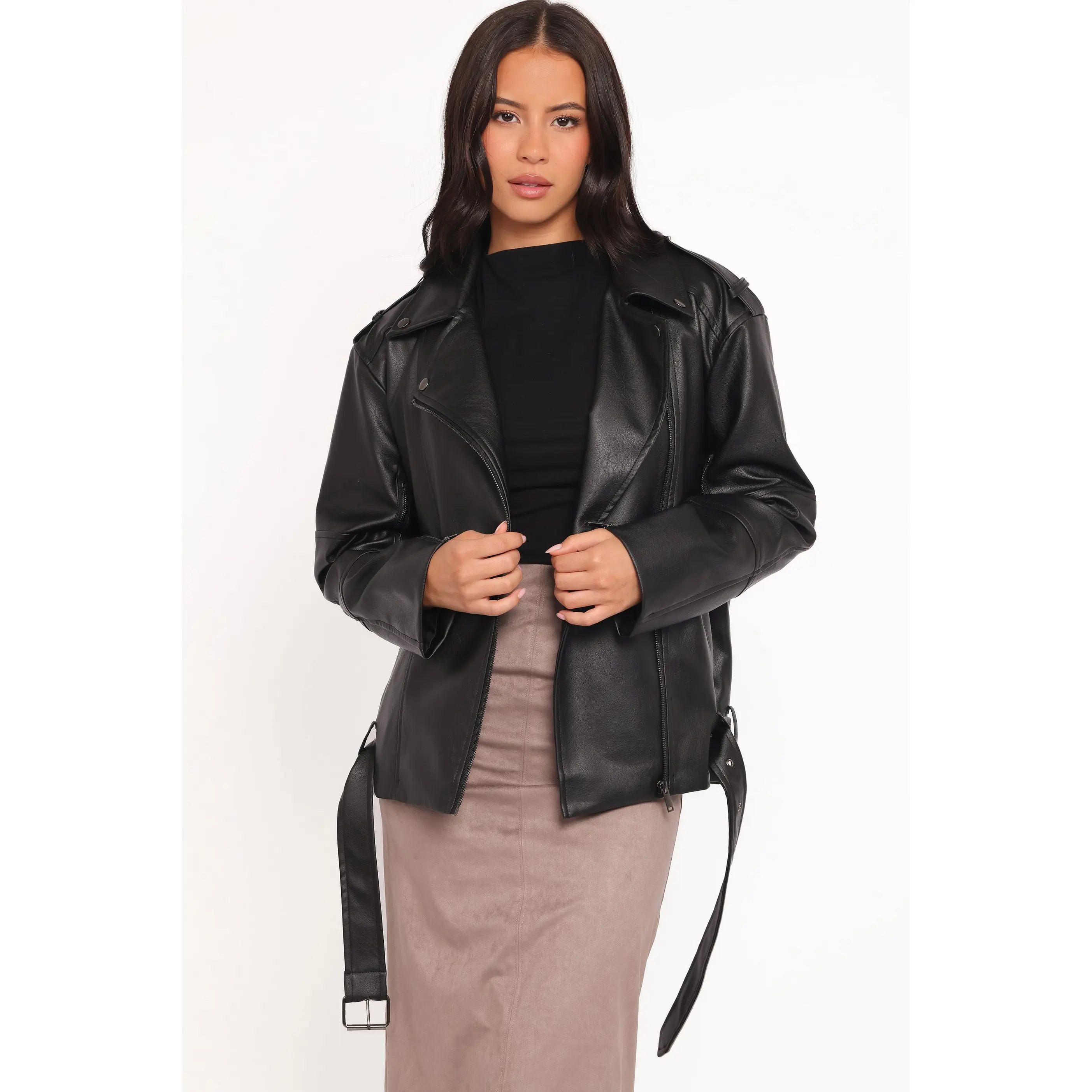 Parsons Oversized Faux Leather Moto Jacket - Black