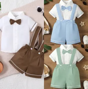 Ready Stock Toddler Baby Boys Gentleman Clothes Short Sleeve Lapel Shirt with Bow Tie Suspender Shorts 2Pcs From 3m-3y RJSHM132-1
