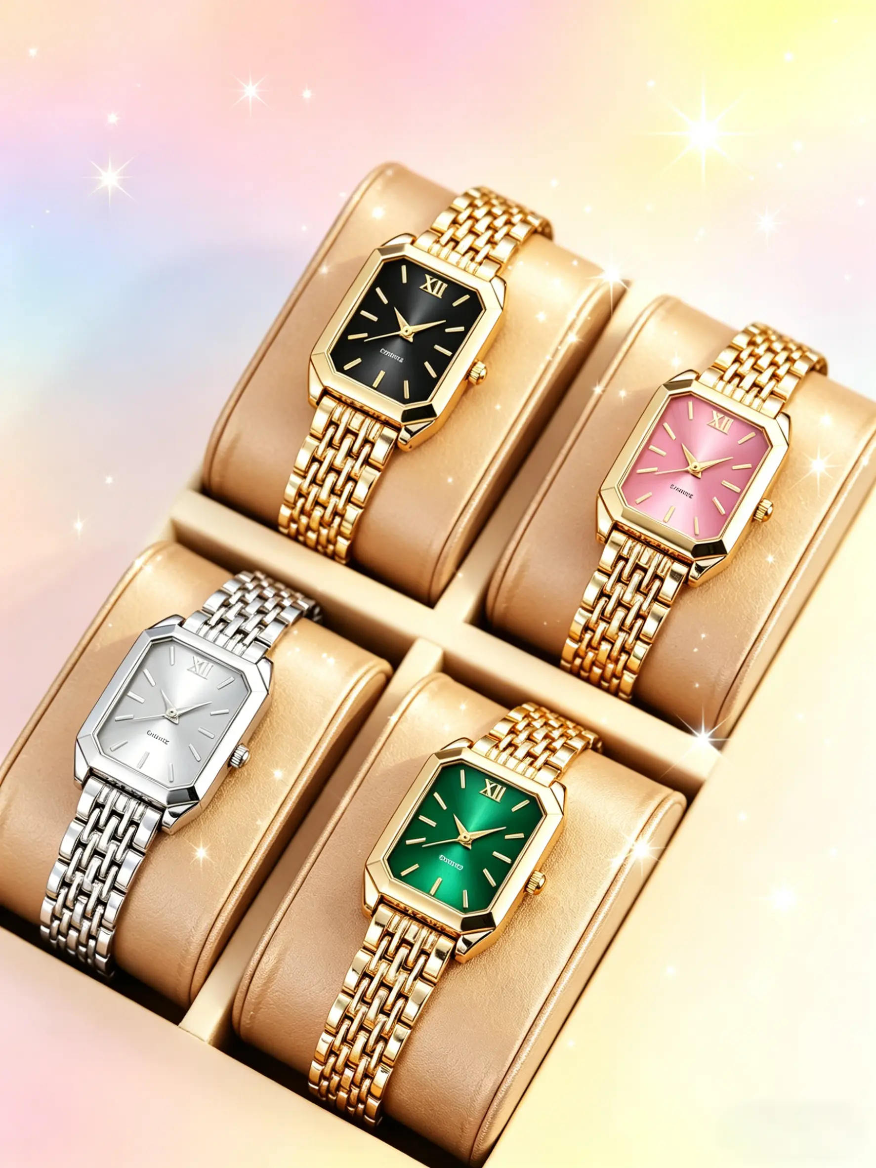 4pcs Vintage Fashion Square Watches for Women, Quartz Analog Steel Band, Multi-Color Dial, Perfect Gift for Holidays and Special Occasions, Watch Set, Square Wristwatch, Fashionable Watches