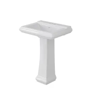Garvee Pedestal Sink Square Ceramic Basin with 4 inch 3-Hole Faucet Setup, Large Bathroom Sink for Home Renovation, Classic Pedestal Style for Guest and Main Bathrooms