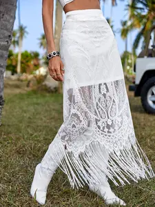 Women's Lace Patchwork Fringe Maxi Skirt, High Waist Boho Long Dress, Beach Party Casual Wear, Contrast Design, Elegance, Bohemian