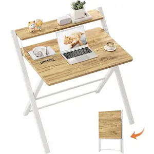 Portable Small Desk No Assembly, 2-Tier Compact Computer Desk with Shelf, Space Saving Foldable Table for Home Office, Bedroom or Apartment, Portable Collapsible Sturdy Laptop Desk, Oak