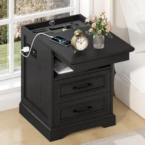 Gadroad 18" Farmhouse Accent Nightstand - End Table with Charging Station, 3 Drawers for Storage, Bedside Cabinet for Living Room, Bedroom