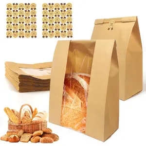 Paper Bread Bag with 50 Sealing Stickers, 30pcs/set Kraft Paper Bread Bag with Window, Large   Kraft Bakery Bag for Storing Loaves & Snacks