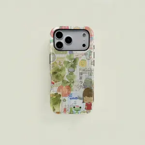 1 pc Matcha four-leaf clover cartoon double-layer protective case, sturdy two-in-one protective case, suitable for iPhone 17 16 15 Pro 14 13 12 11 Pro Max 14 Plus 15 Plus 16Plus 17Plus Samsung Galaxy S25 S24 S23 Ultra series protective case couple mobile