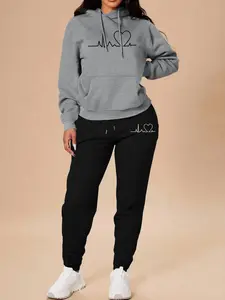 Valentine's Day Fall Winter Casual Women's Fit Ecg Print Heart Element Sweatshirt Set, Long Sleeve Hoodie + Pants, 12 Colors Available, Womenswear