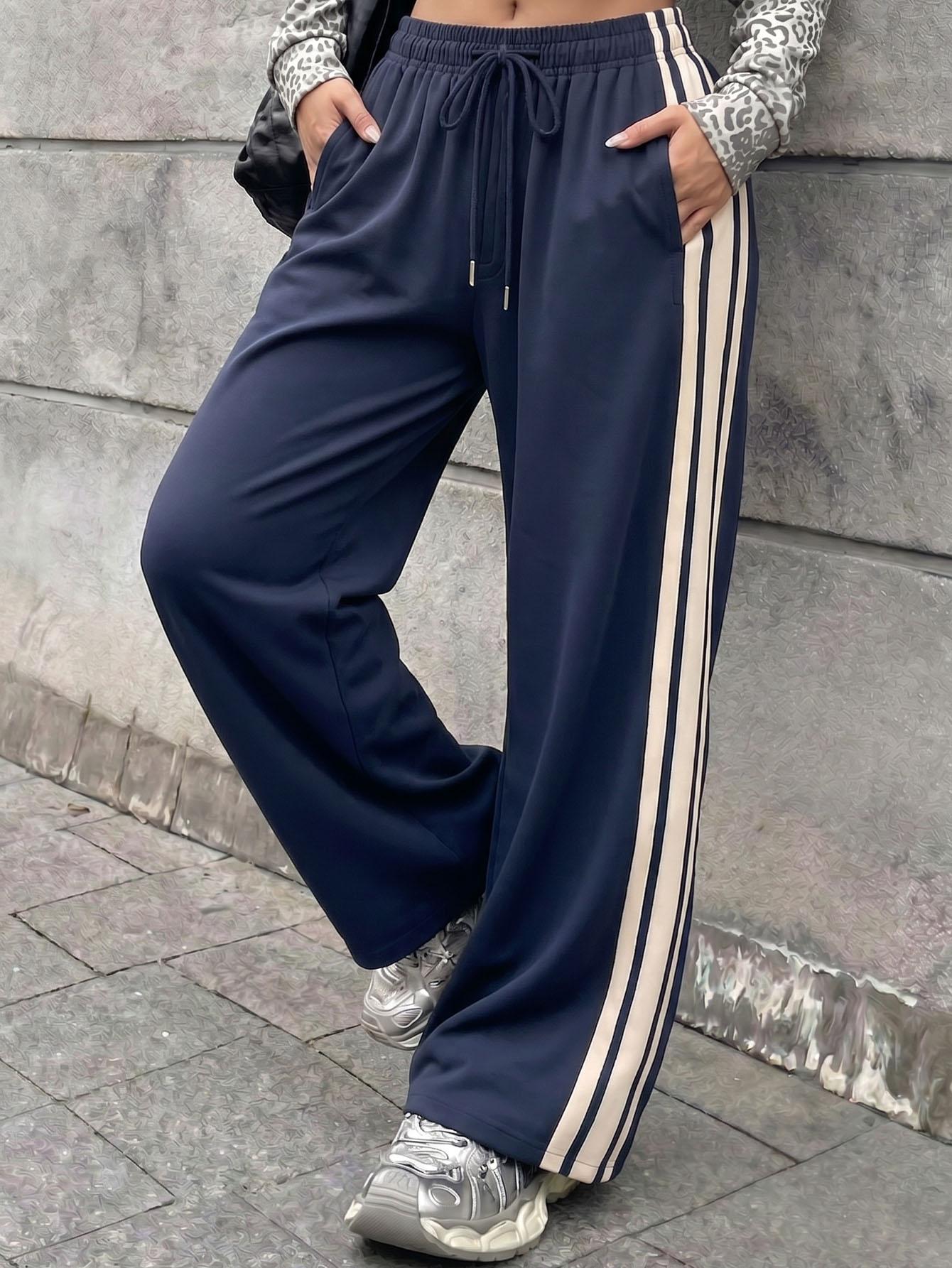 Women's Vintage Navy Blue Striped Woven Fabric Bottoms - Comfy Mid-Waist Elastic-Waist Straight Leg Pants for Spring/Autumn, Casual Retro Sports Pants with Fast Shipping