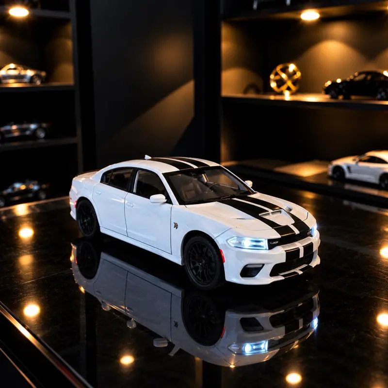 Dodge Charger SRT Hellcat Diecast Metal Model Car White with Black Racing Stripes Collectible Auto Toy