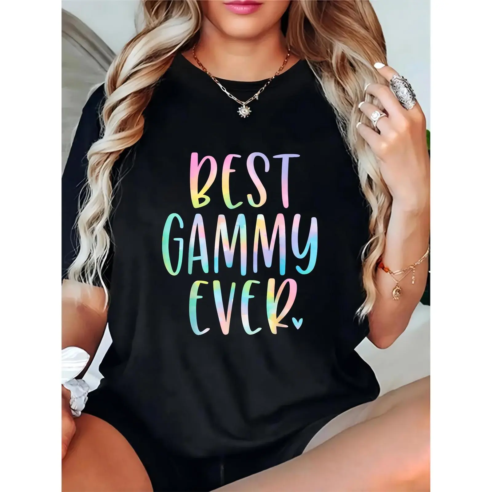 Women's 100% Cotton Casual 'Best Gammy Ever' T-Shirt - Rainbow Gradient Letter Print, Breathable, Comfortable, Relaxed Fit Short Sleeve Round Neck Top for Grandma, Crew Neck, Shortsleeve, Lightweight