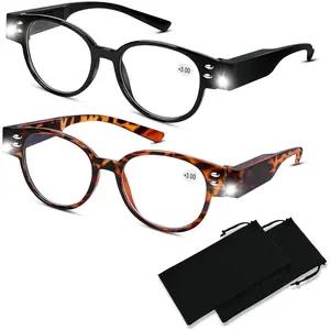 Bright LED Readers with Lights Reading Glasses with Light Magnifying Glasses Lighted Reading Glasses Blue Light Blocking Eyeglasses for Women Men Lighted Magnifier Nighttime LED Reading Glasses+300