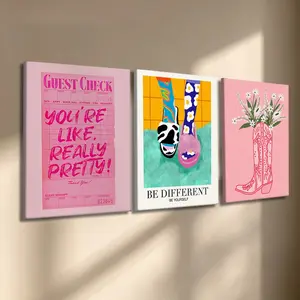 3 Pcs/Set Wooden-Framed Canvas Painting, Trendy Pink Preppy Triptych Canvas Wall Art, Guest Check, Cow Print & Cowboy Boot Print for Living Room, Bedroom, Office Decoration, Modern Home Decor, Fashion Artistic Ornaments, Artwork