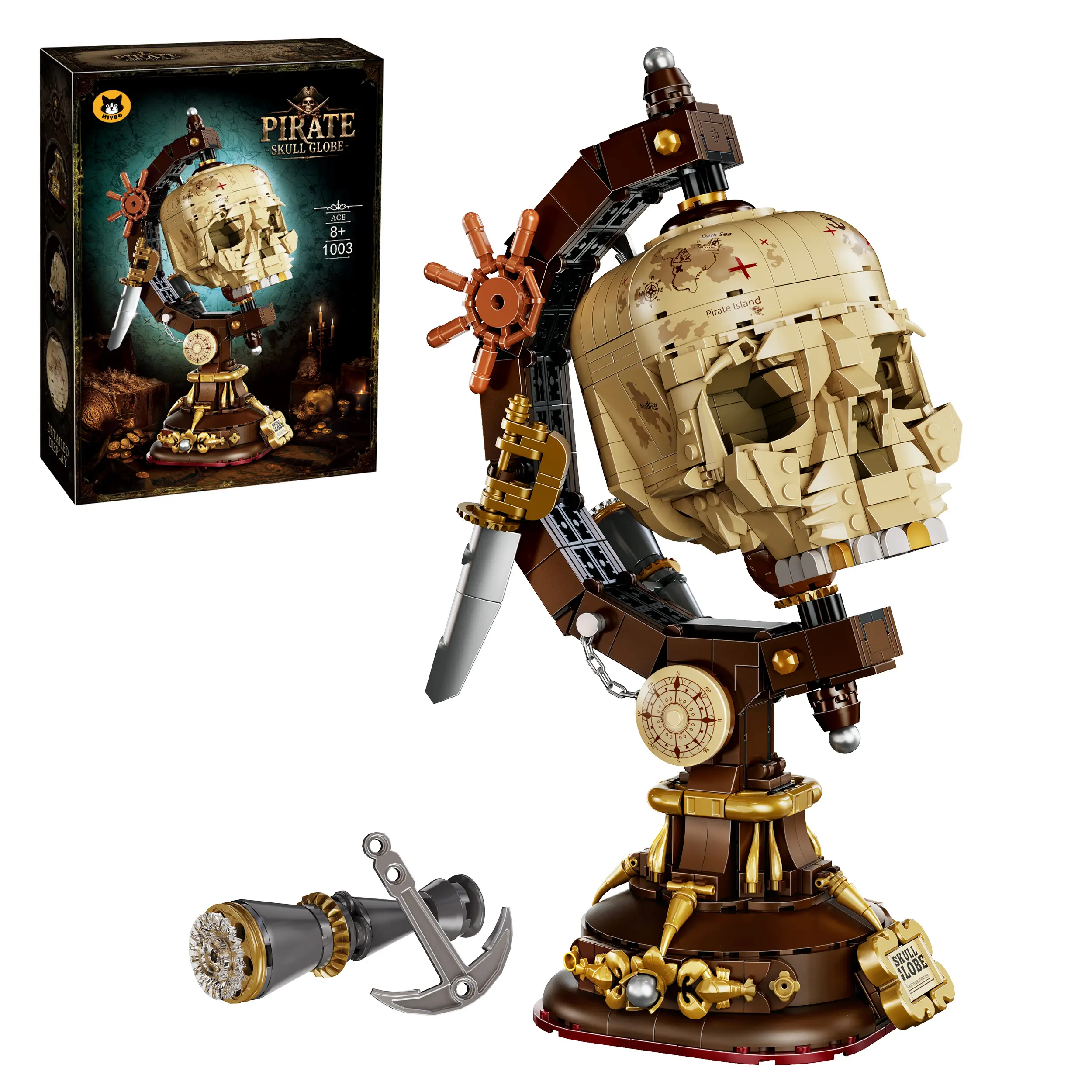 Pirate Skull Globe Building Block Set 1136PCS Gothic Skeleton Model with Ship Wheel Sword Telescope and Anchor DIY Display Decor Gift for Adults and Teens