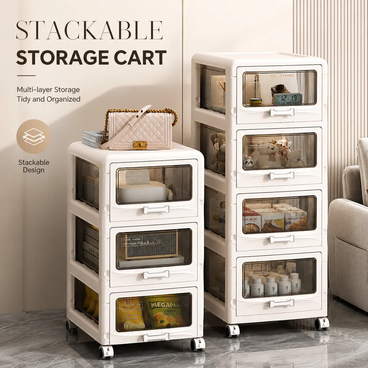 Cream White Adjustable 3-5 Tier Foldable Rolling Storage Cabinet, Tool-Free No Assembly Transparent Magnetic Door Collapsible Storage Organizer, Sturdy Compact Storage Rack for Bedroom, Living Room, Kitchen, Small Apartment, Bathroom Wash Rack