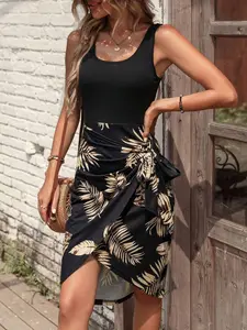 Summer Beach Tropical Print Split Tie Waist Long Dress Vestido, Vacation Beach Women's Clothing, Stylish Summer